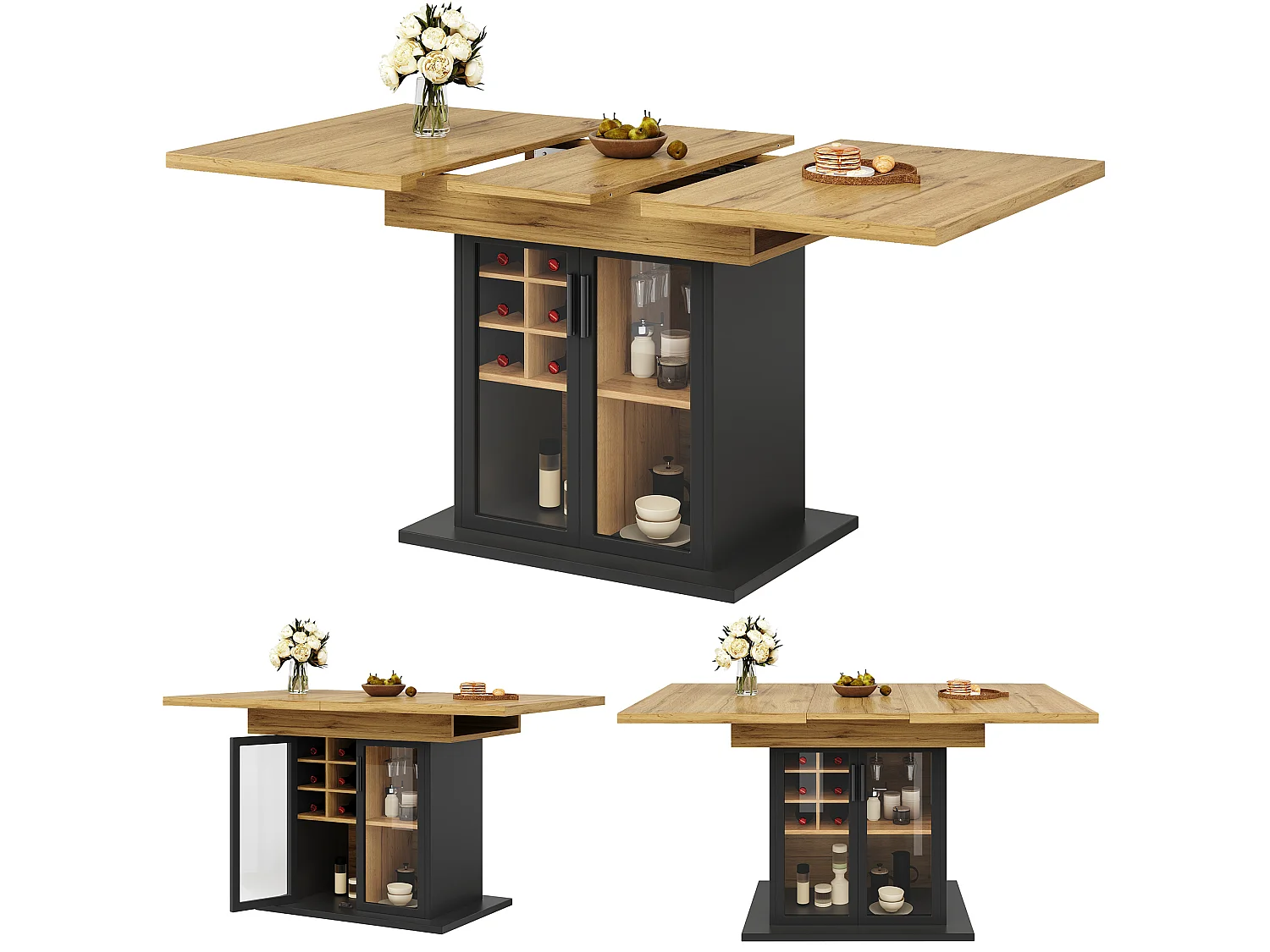 Utdragbart matbord för 6 personer, 110/140 x 80 x 76 cm - med vinställ + glasdörr - MDF - svart