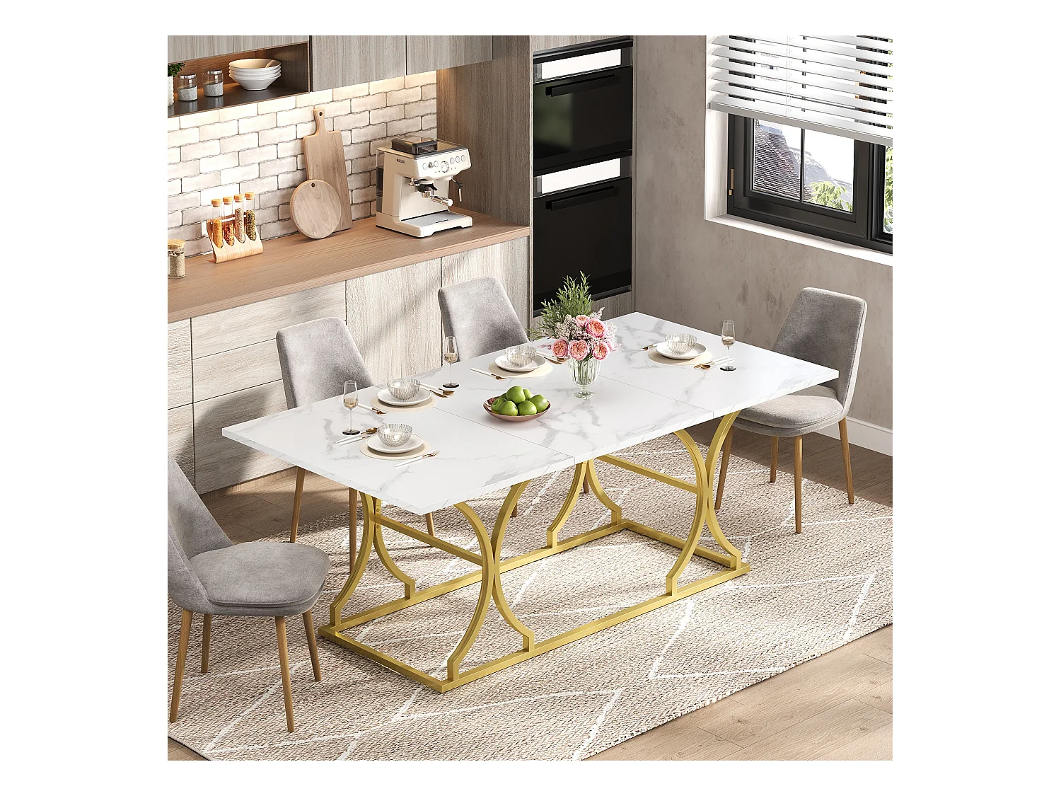 Table à manger pour 8-10 personnes - 200 x 80 x 76 cm - aspect marbre - pieds en métal doré - MDF - blanc + doré