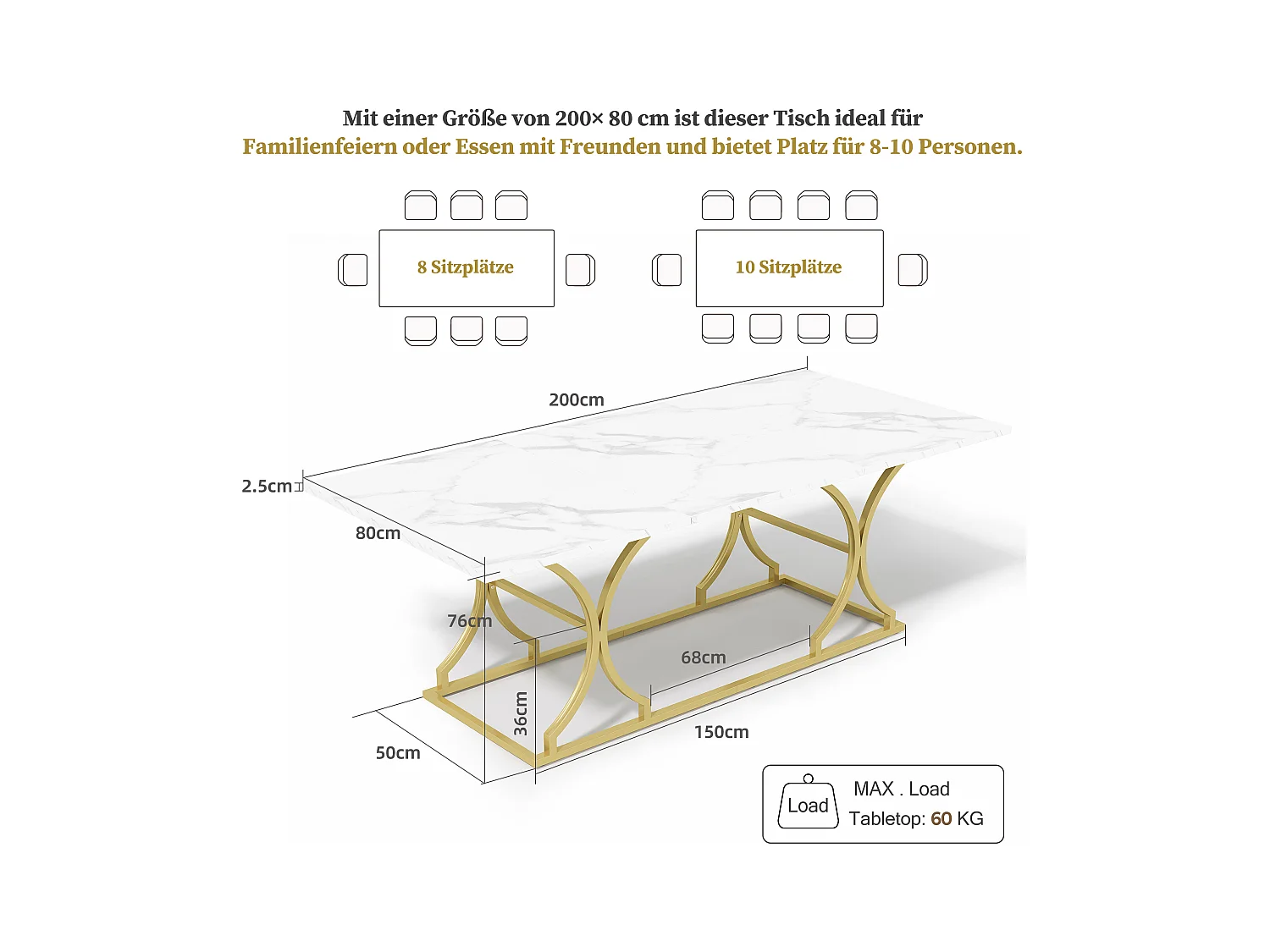 Table à manger pour 8-10 personnes - 200 x 80 x 76 cm - aspect marbre - pieds en métal doré - MDF - blanc + doré