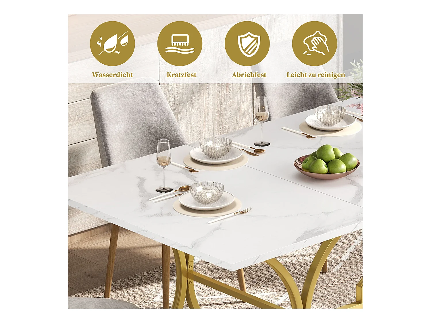 Table à manger pour 8-10 personnes - 200 x 80 x 76 cm - aspect marbre - pieds en métal doré - MDF - blanc + doré