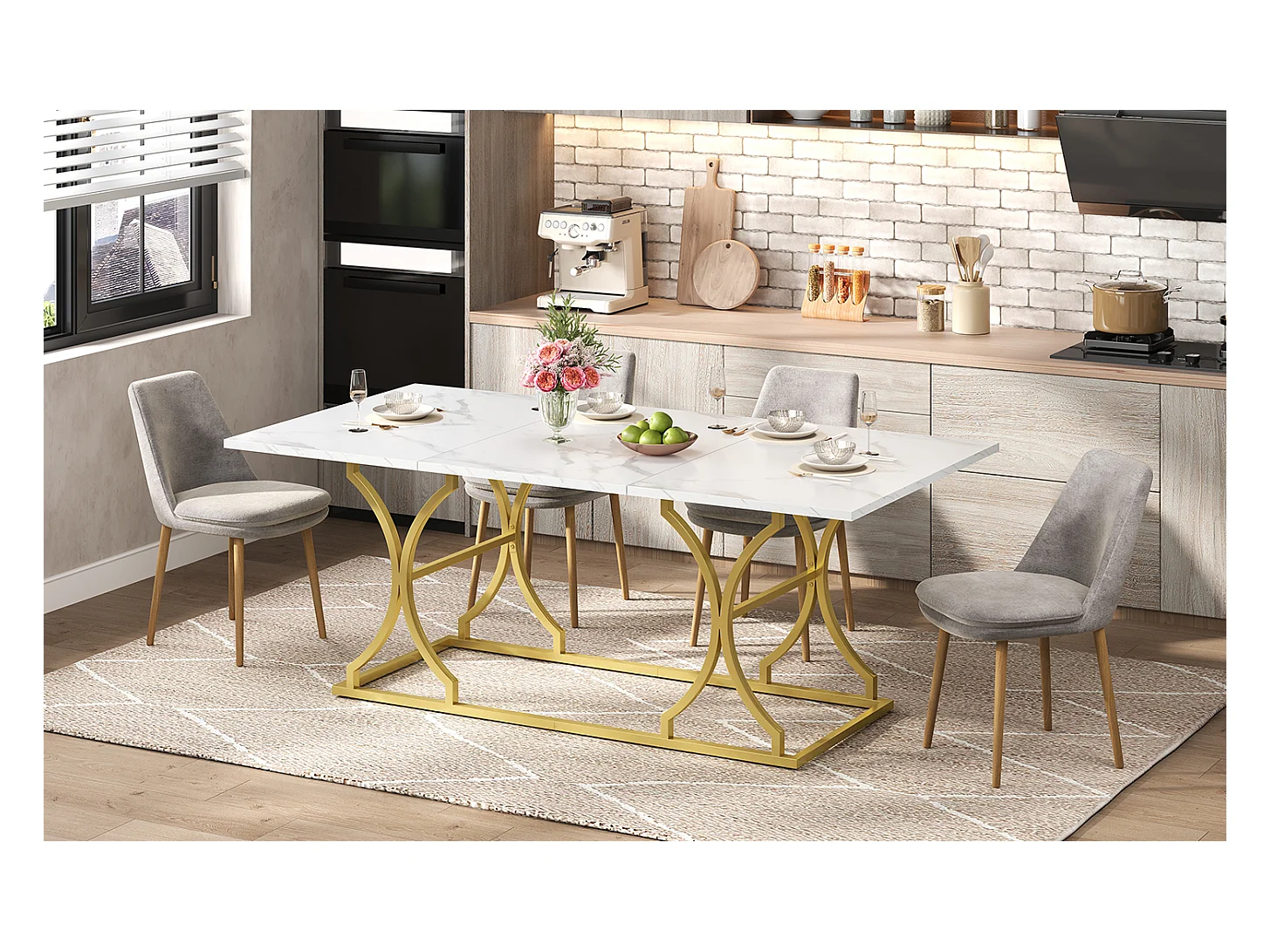 Table à manger pour 8-10 personnes - 200 x 80 x 76 cm - aspect marbre - pieds en métal doré - MDF - blanc + doré