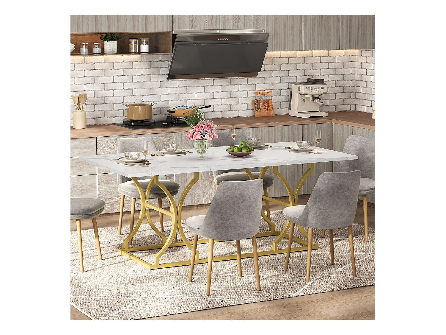 Table à manger pour 8-10 personnes - 200 x 80 x 76 cm - aspect marbre - pieds en métal doré - MDF - blanc + doré