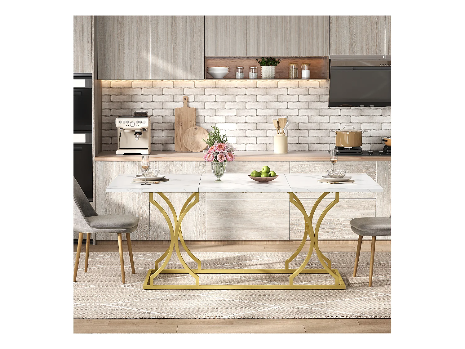 Table à manger pour 8-10 personnes - 200 x 80 x 76 cm - aspect marbre - pieds en métal doré - MDF - blanc + doré