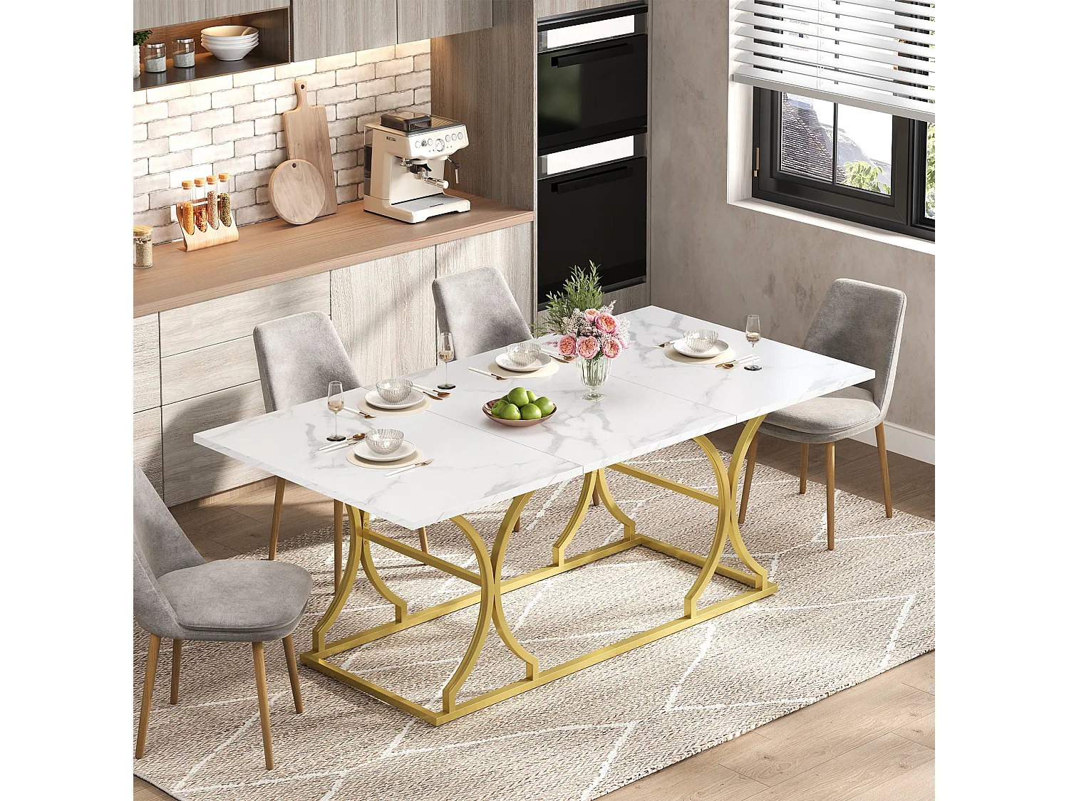 Table à manger pour 8-10 personnes - 200 x 80 x 76 cm - aspect marbre - pieds en métal doré - MDF - blanc + doré