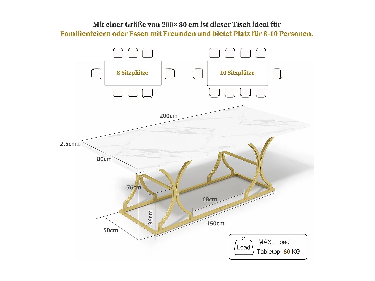 Table à manger pour 8-10 personnes - 200 x 80 x 76 cm - aspect marbre - pieds en métal doré - MDF - blanc + doré