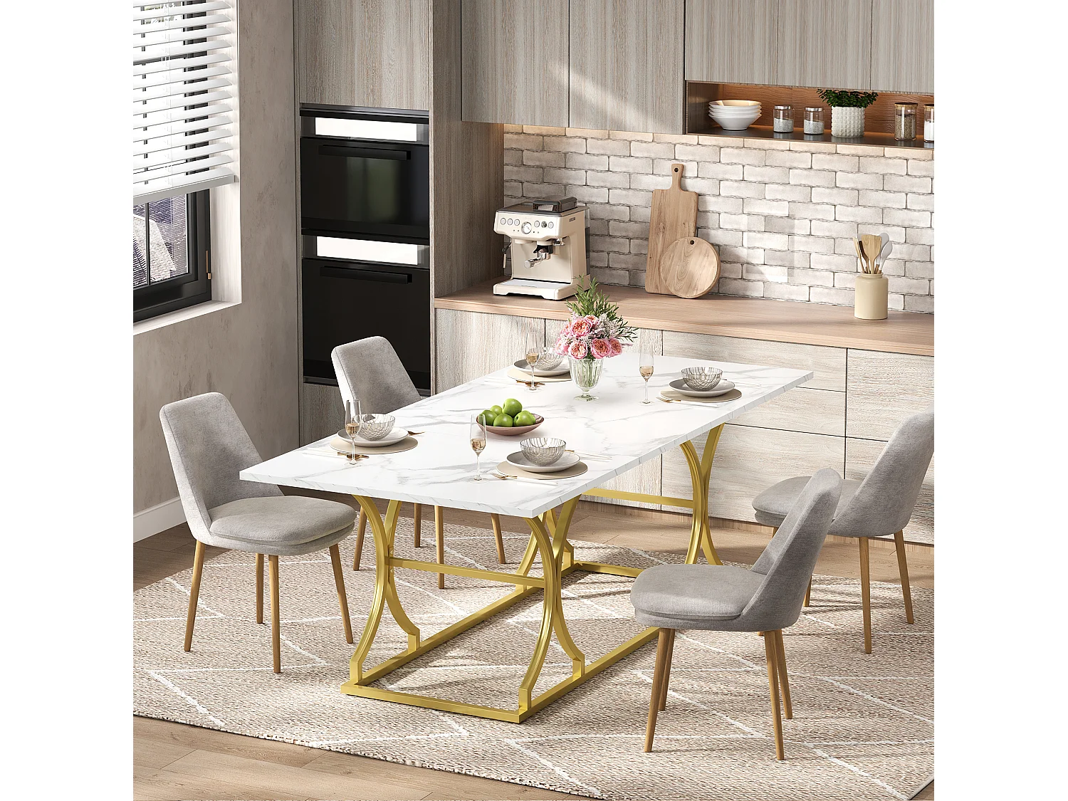 Table à manger pour 8-10 personnes - 200 x 80 x 76 cm - aspect marbre - pieds en métal doré - MDF - blanc + doré