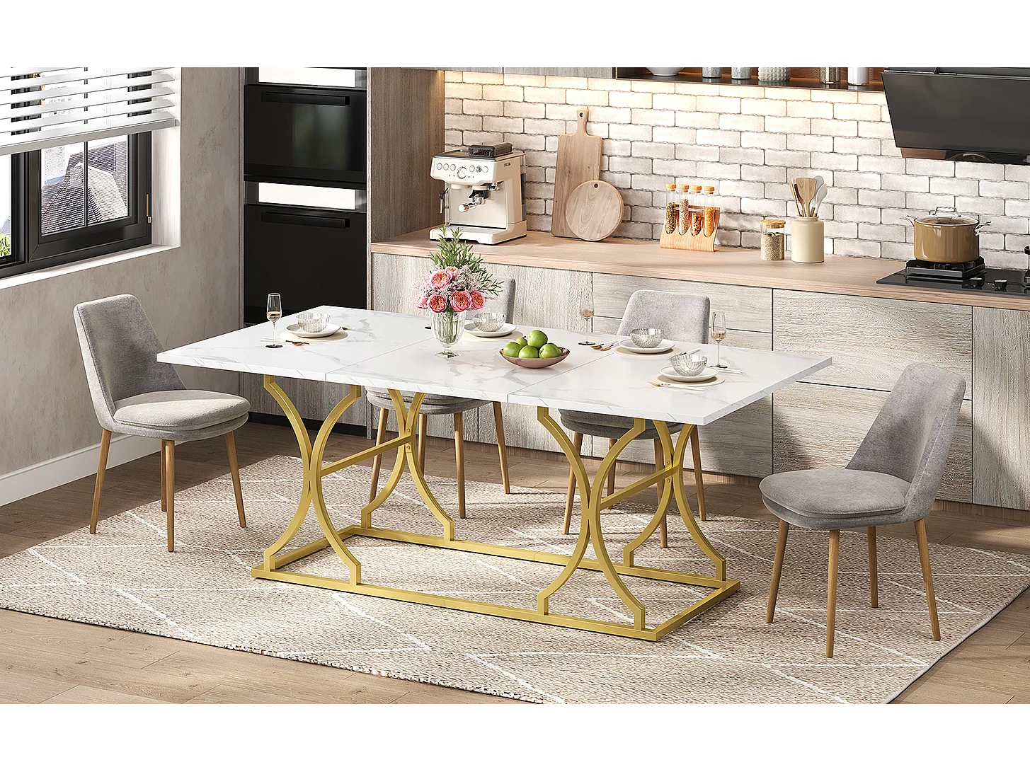 Table à manger pour 8-10 personnes - 200 x 80 x 76 cm - aspect marbre - pieds en métal doré - MDF - blanc + doré