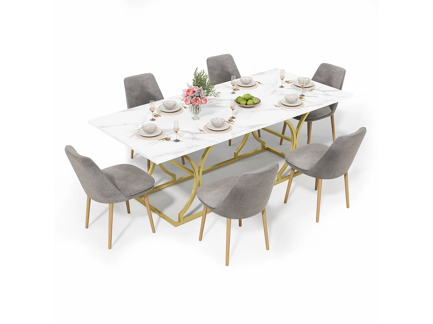 Table à manger pour 8-10 personnes - 200 x 80 x 76 cm - aspect marbre - pieds en métal doré - MDF - blanc + doré