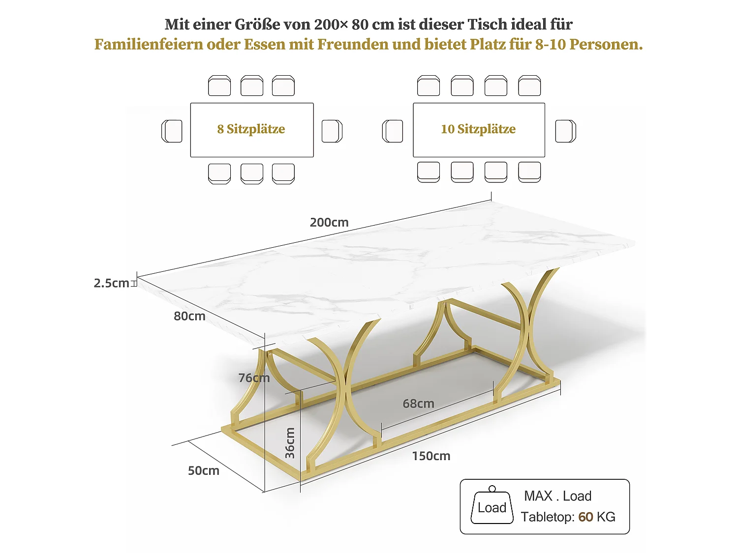 Table à manger pour 8-10 personnes - 200 x 80 x 76 cm - aspect marbre - pieds en métal doré - MDF - blanc + doré