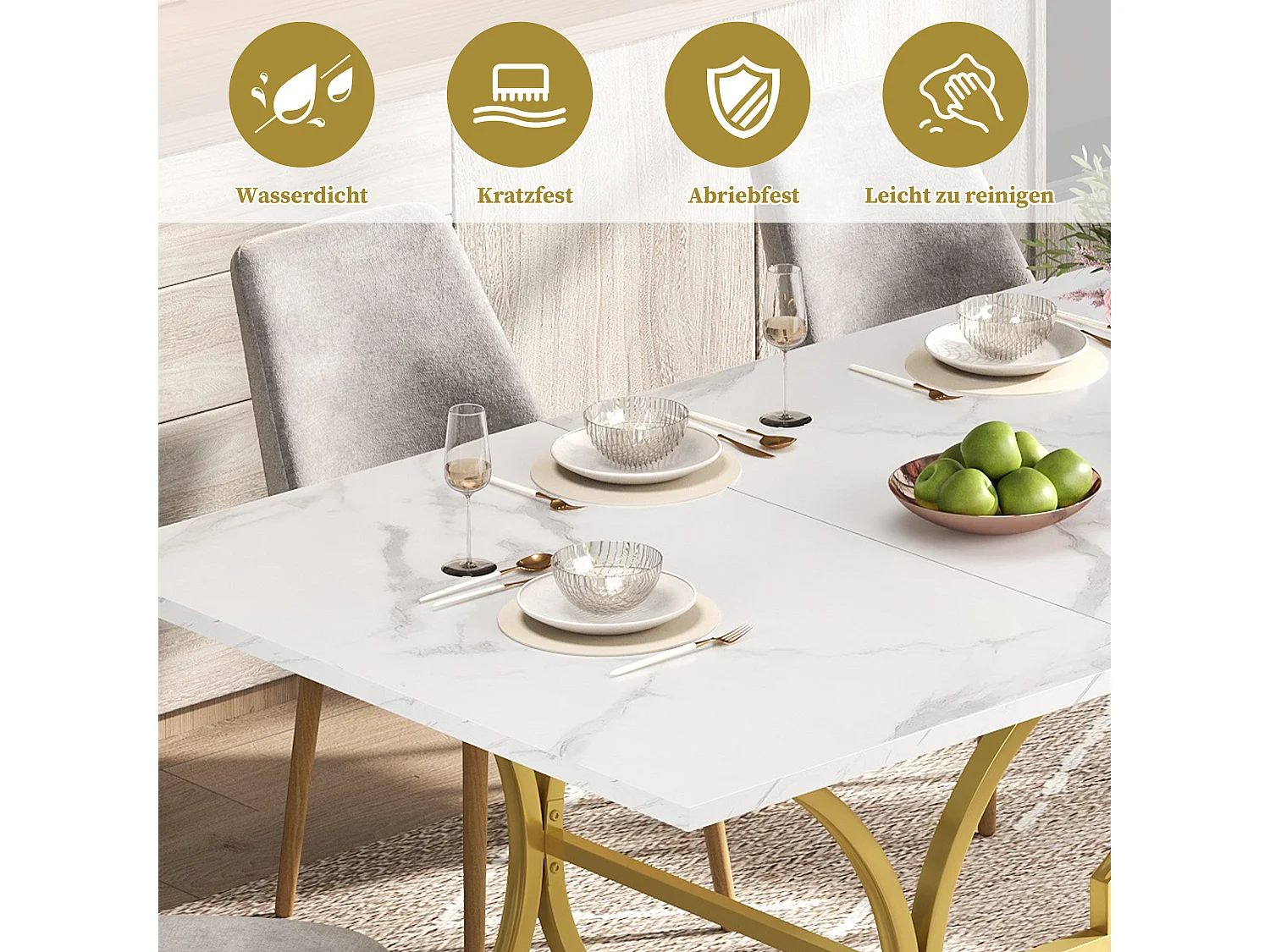 Table à manger pour 8-10 personnes - 200 x 80 x 76 cm - aspect marbre - pieds en métal doré - MDF - blanc + doré
