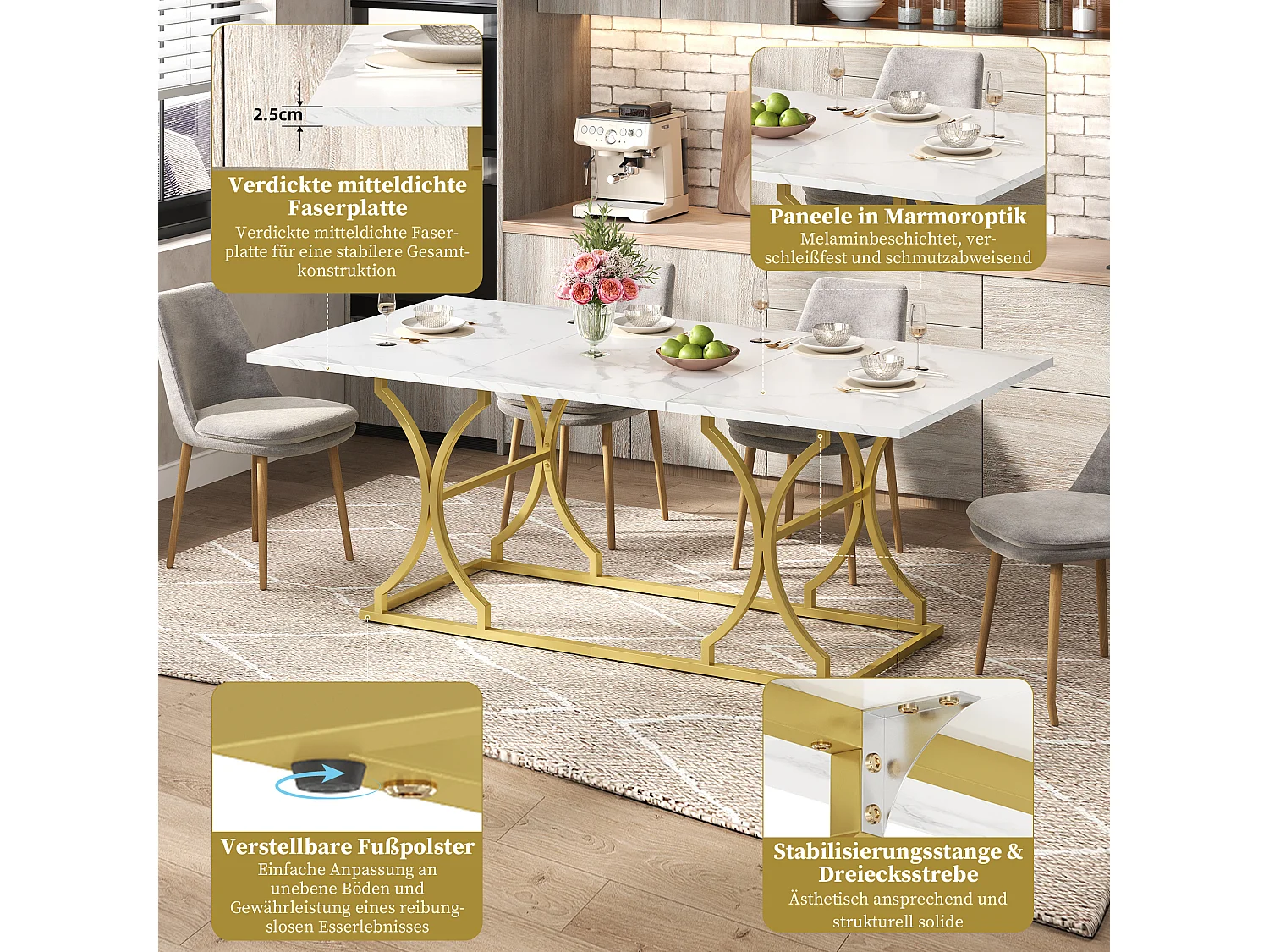 Table à manger pour 8-10 personnes - 200 x 80 x 76 cm - aspect marbre - pieds en métal doré - MDF - blanc + doré