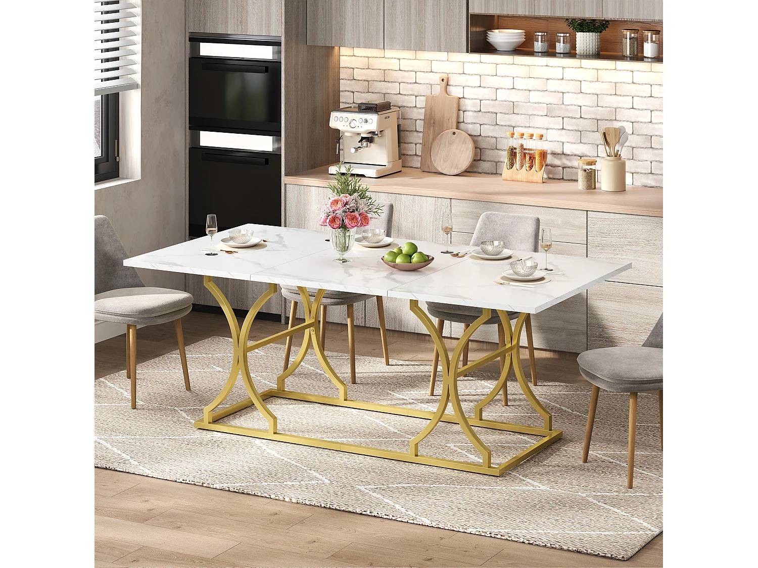 Table à manger pour 8-10 personnes - 200 x 80 x 76 cm - aspect marbre - pieds en métal doré - MDF - blanc + doré