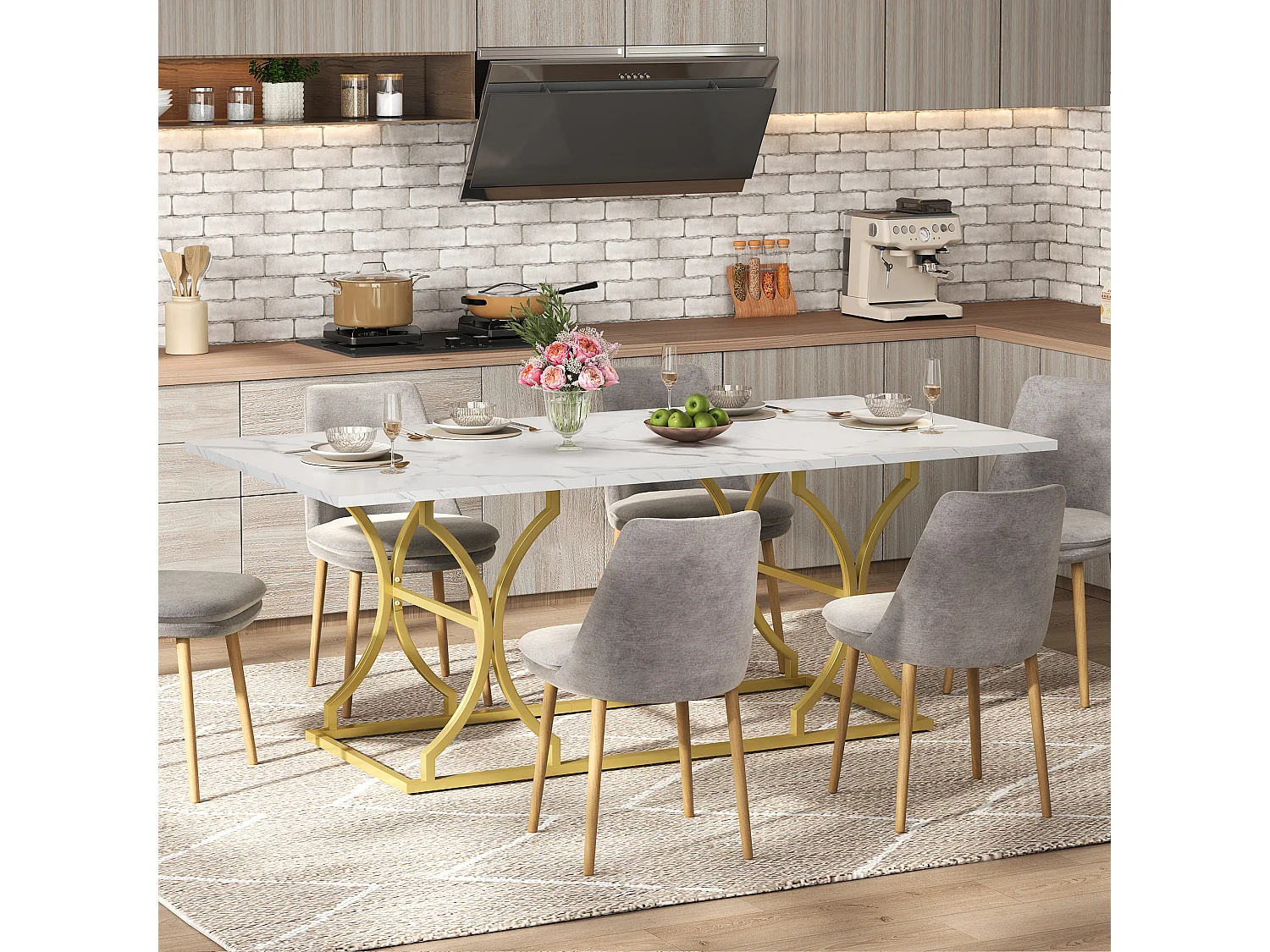 Table à manger pour 8-10 personnes - 200 x 80 x 76 cm - aspect marbre - pieds en métal doré - MDF - blanc + doré