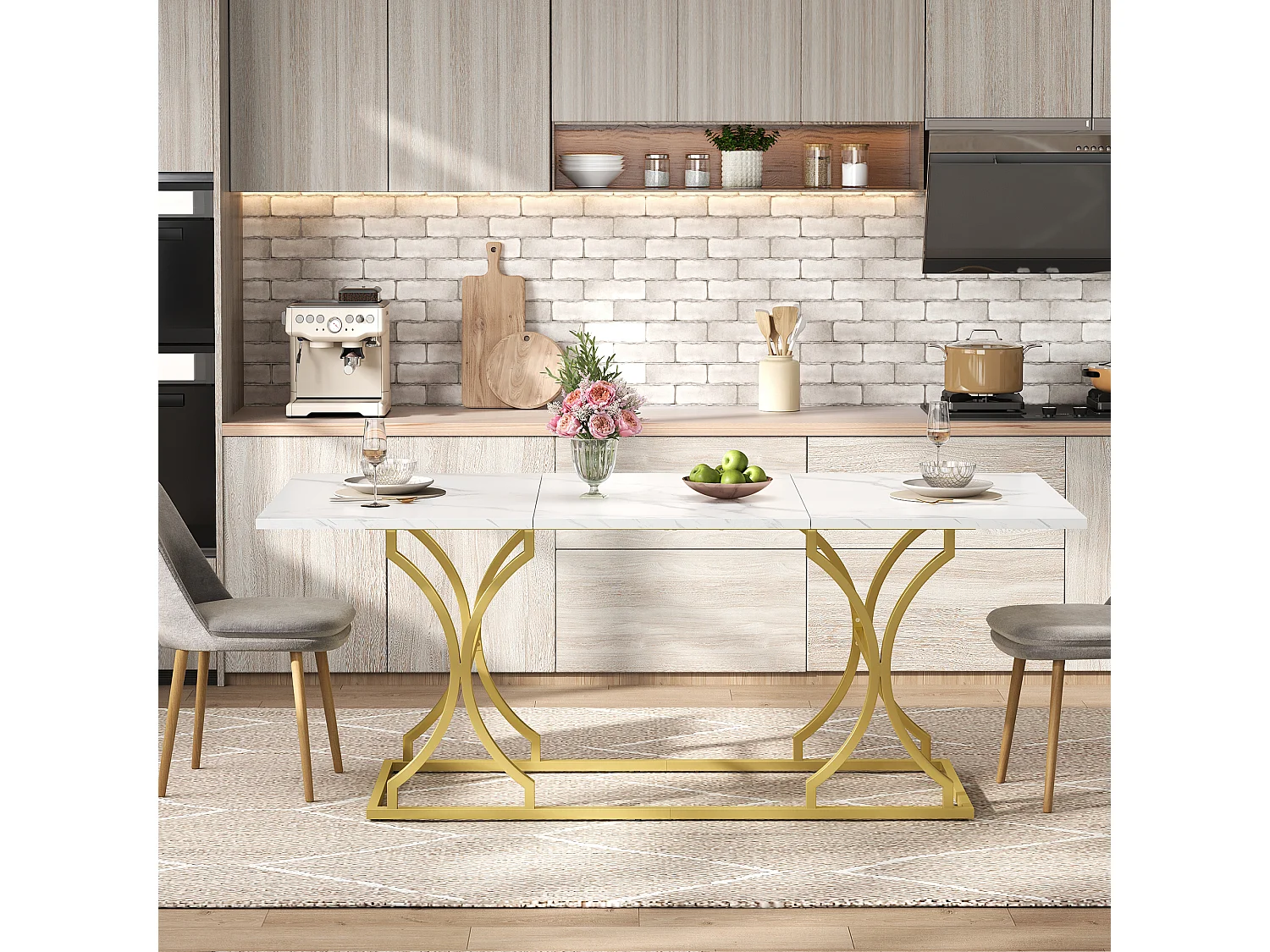Table à manger pour 8-10 personnes - 200 x 80 x 76 cm - aspect marbre - pieds en métal doré - MDF - blanc + doré