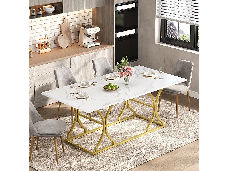 Table à manger pour 8-10 personnes - 200 x 80 x 76 cm - aspect marbre - pieds en métal doré - MDF - blanc + doré
