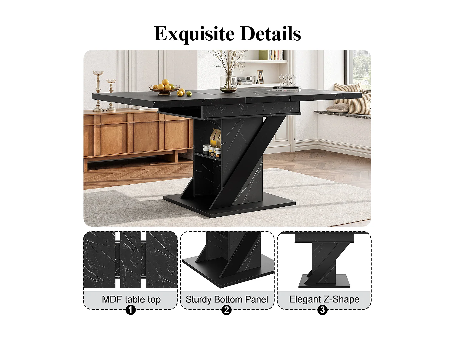 Table à manger extensible 6 places - 110/140 x 80cm x 75 cm - avec porte et étagère - MDF - noir