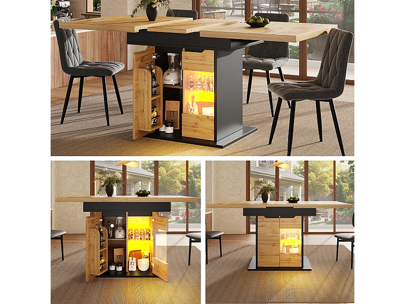 Ausziehbarer Esstisch für 6 Personen - 110/140 x 80 x 76 cm - mit LEDs + 2 Türen - Glas + MDF - Schwarz + Natur