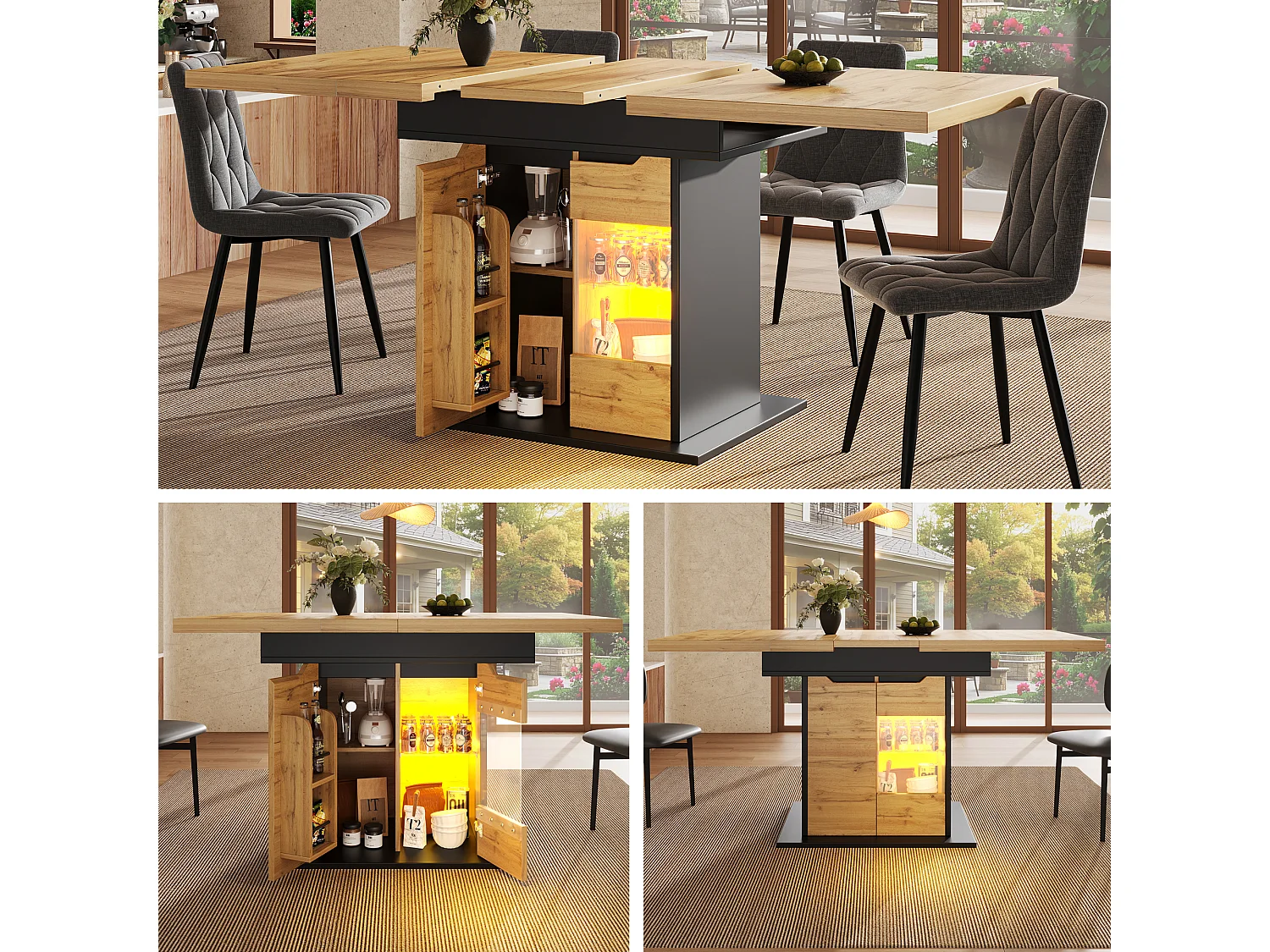Ausziehbarer Esstisch für 6 Personen - 110/140 x 80 x 76 cm - mit LEDs + 2 Türen - Glas + MDF - Schwarz + Natur