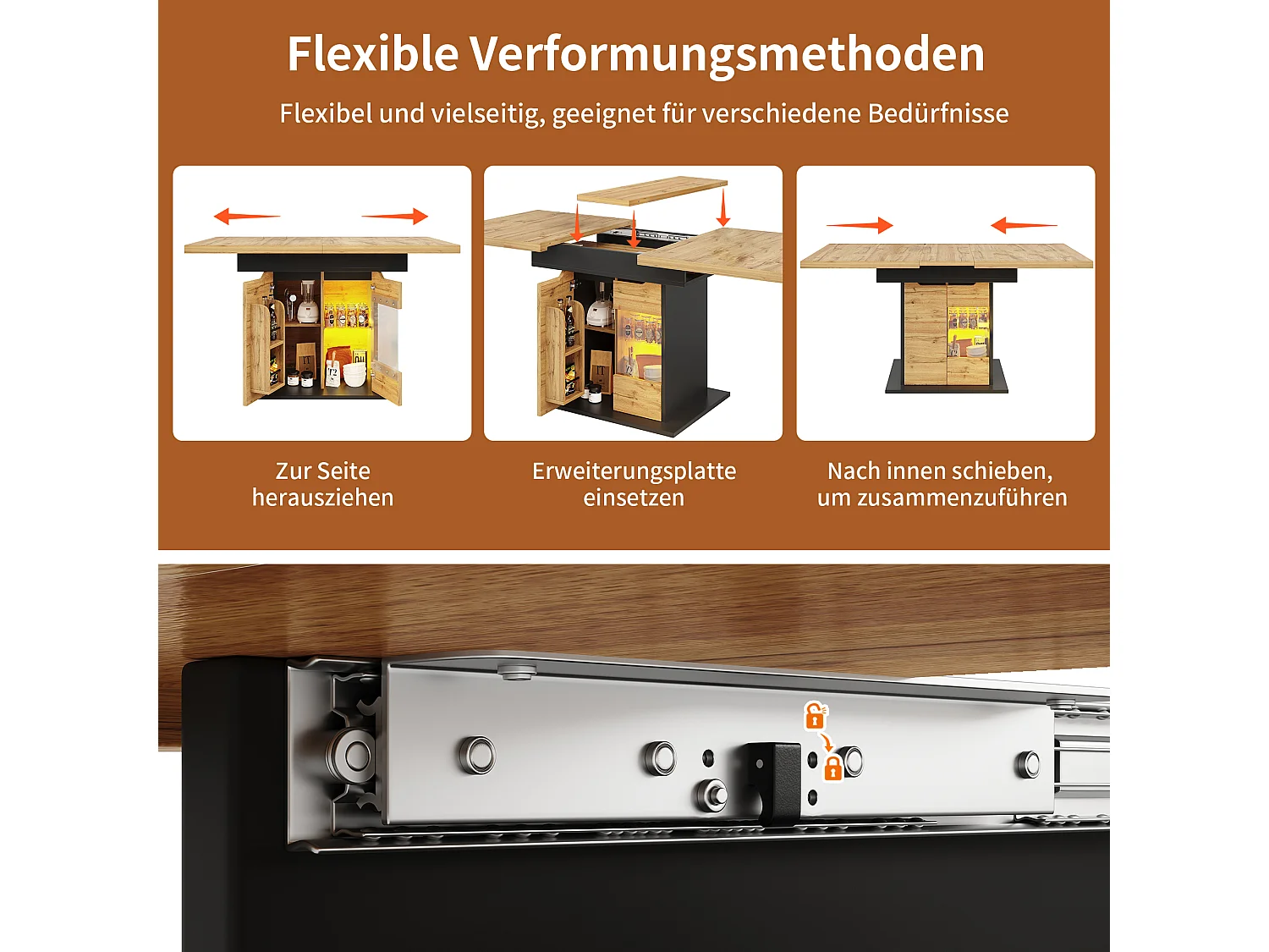 Ausziehbarer Esstisch für 6 Personen - 110/140 x 80 x 76 cm - mit LEDs + 2 Türen - Glas + MDF - Schwarz + Natur