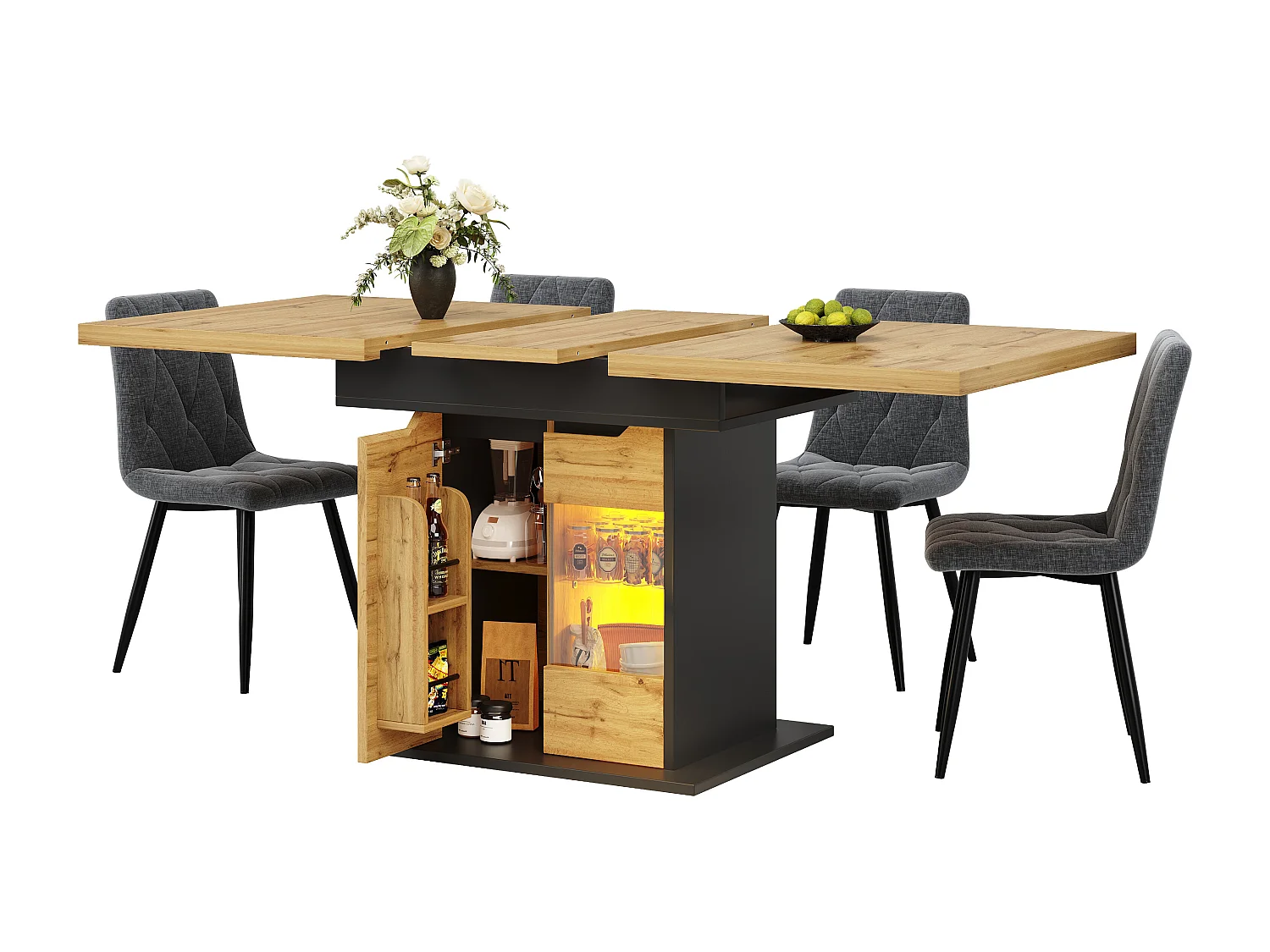 Tavolo da pranzo allungabile per 6 persone - 110/140 x 80 x 76 cm - con LED + 2 ante - Vetro + MDF - nero + naturale