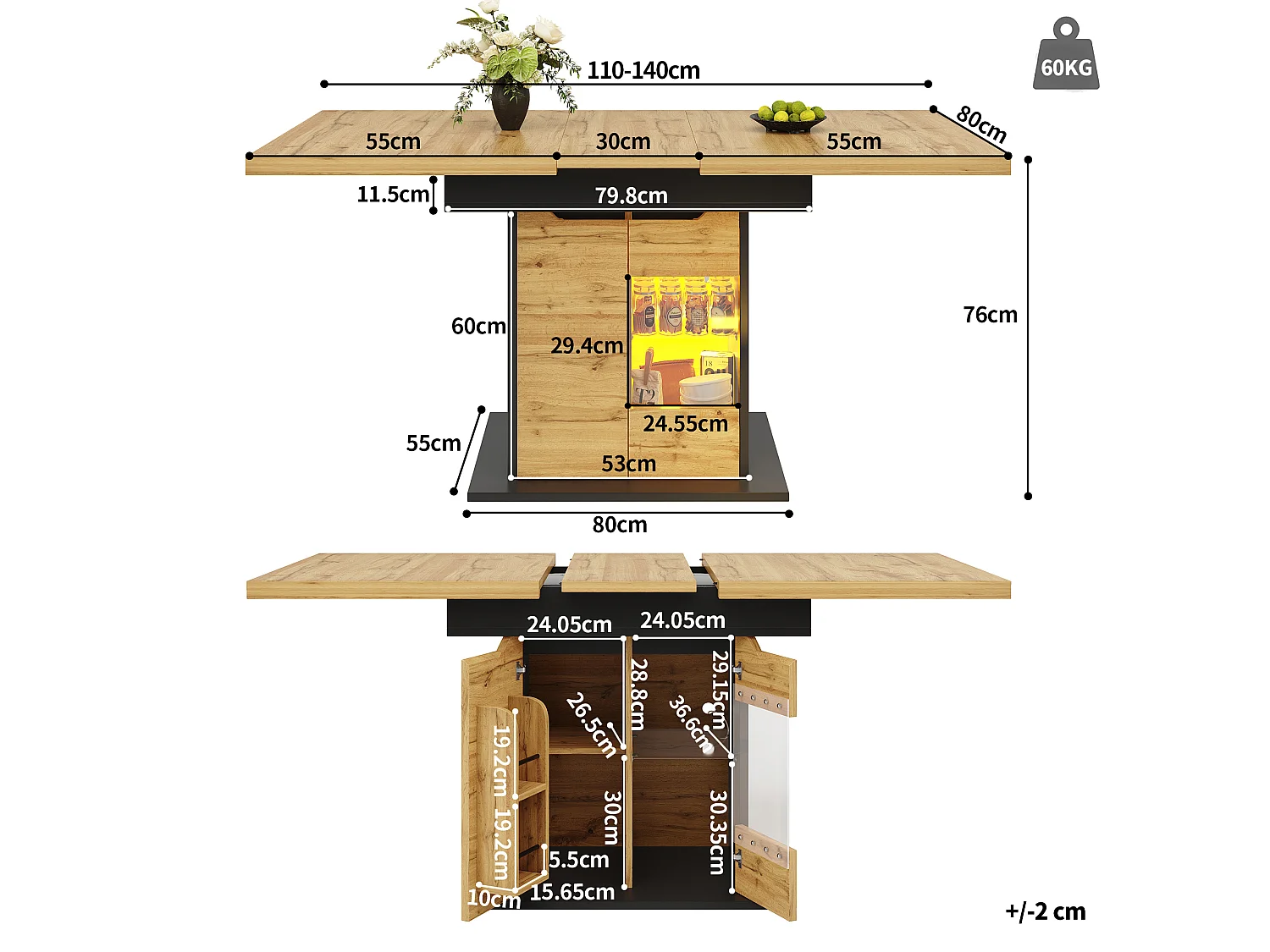 Utdragbart matbord för 6 personer - 110/140 x 80 x 76 cm - med LED-lampor + 2 dörrar - Glas + MDF - svart + naturfärgad