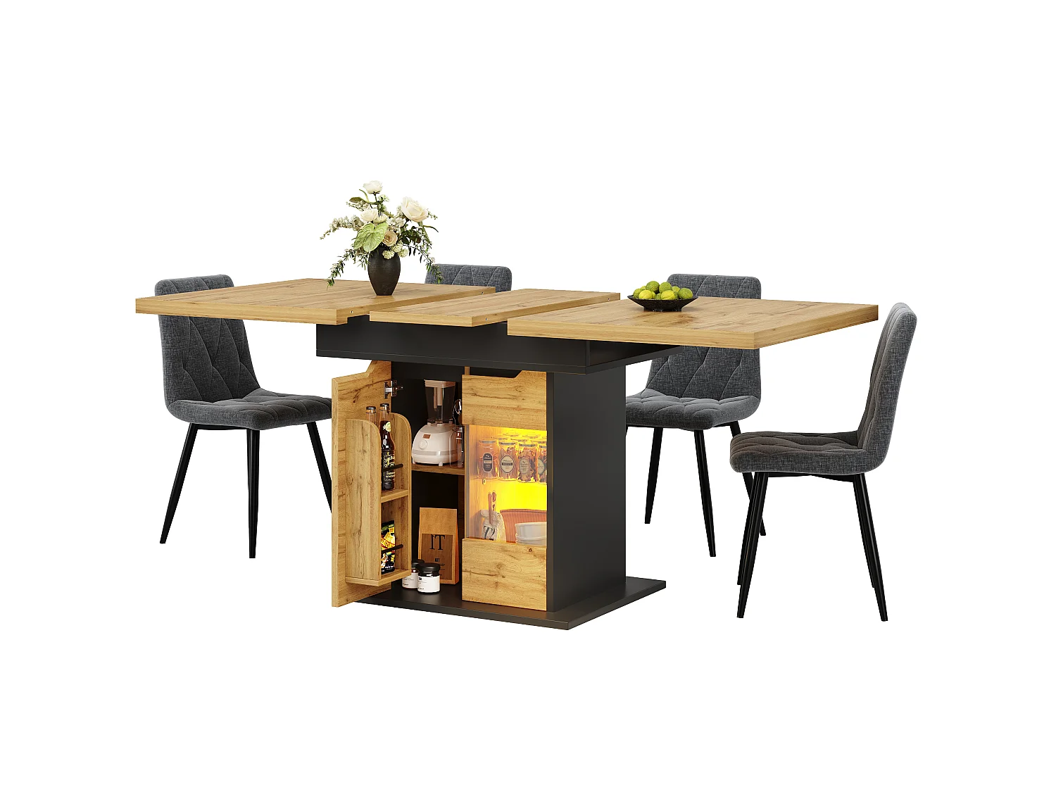 Utdragbart matbord för 6 personer - 110/140 x 80 x 76 cm - med LED-lampor + 2 dörrar - Glas + MDF - svart + naturfärgad