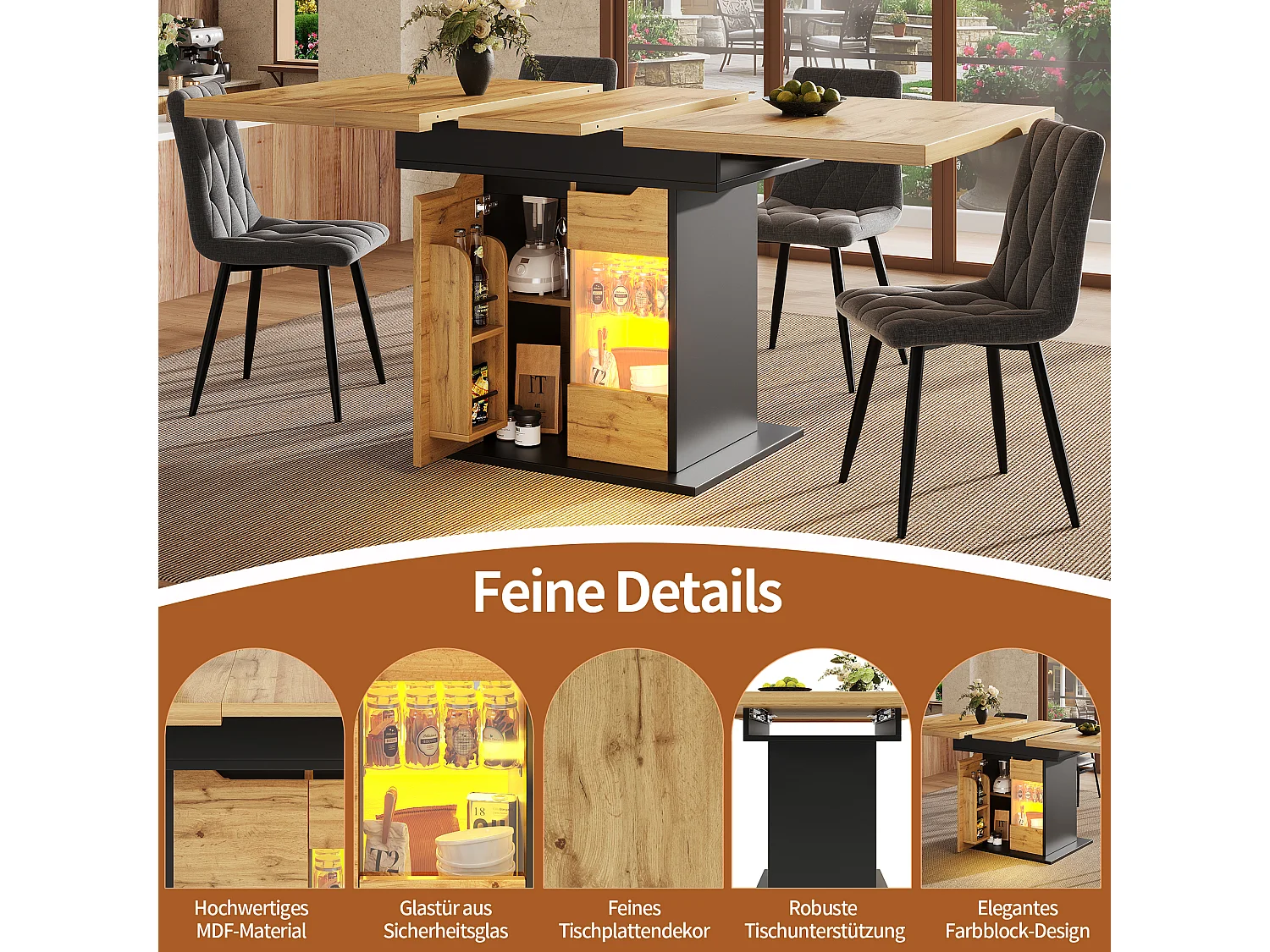 Utdragbart matbord för 6 personer - 110/140 x 80 x 76 cm - med LED-lampor + 2 dörrar - Glas + MDF - svart + naturfärgad