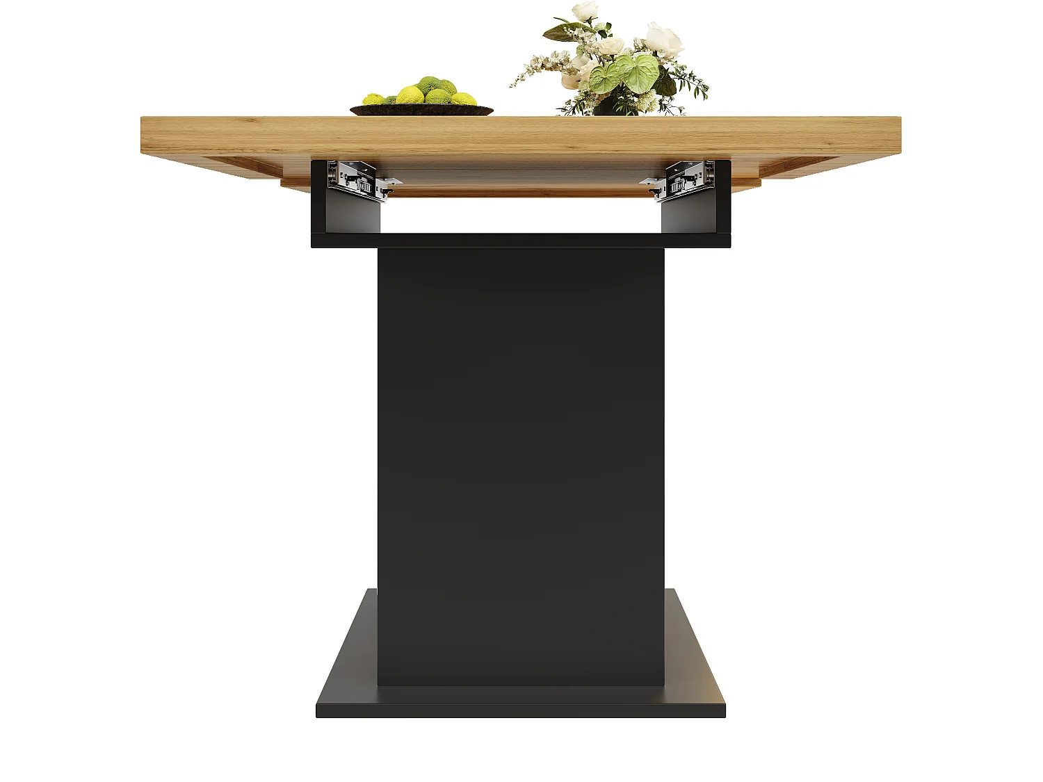 Utdragbart matbord för 6 personer - 110/140 x 80 x 76 cm - med LED-lampor + 2 dörrar - Glas + MDF - svart + naturfärgad