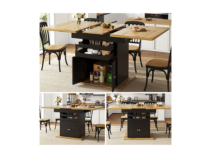 Table à manger extensible 6 places - 110/140 x 80 cm x 76 cm - avec 2 tiroirs + 2 portes - MDF - noir