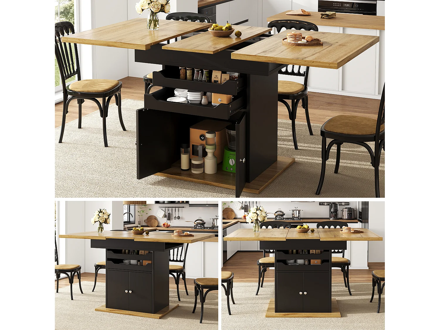 Table à manger extensible 6 places - 110/140 x 80 cm x 76 cm - avec 2 tiroirs + 2 portes - MDF - noir