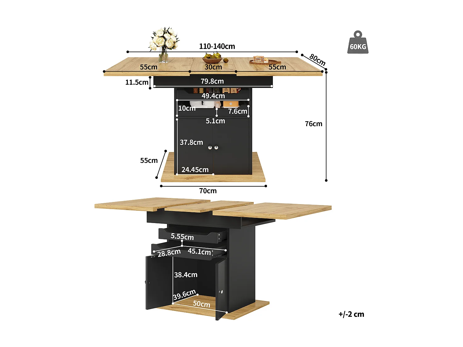 Table à manger extensible 6 places - 110/140 x 80 cm x 76 cm - avec 2 tiroirs + 2 portes - MDF - noir