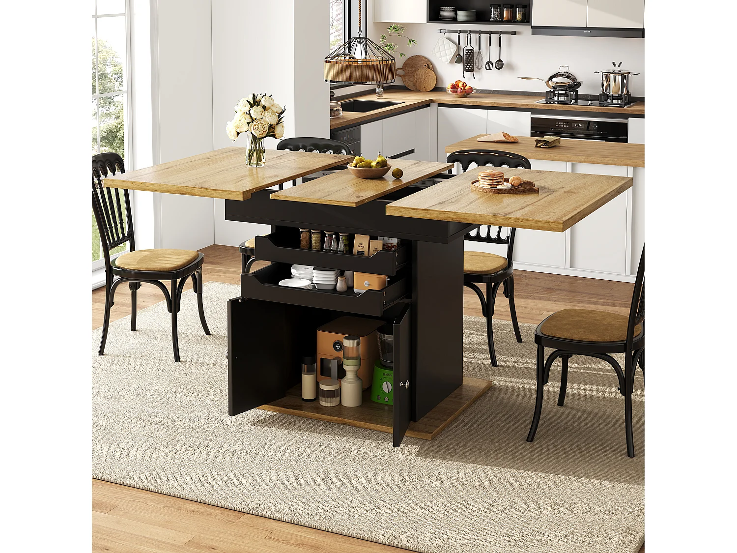 Utdragbart matbord för 6 personer - 110/140 x 80 cm x 76 cm - med 2 lådor + 2 dörrar - MDF - svart