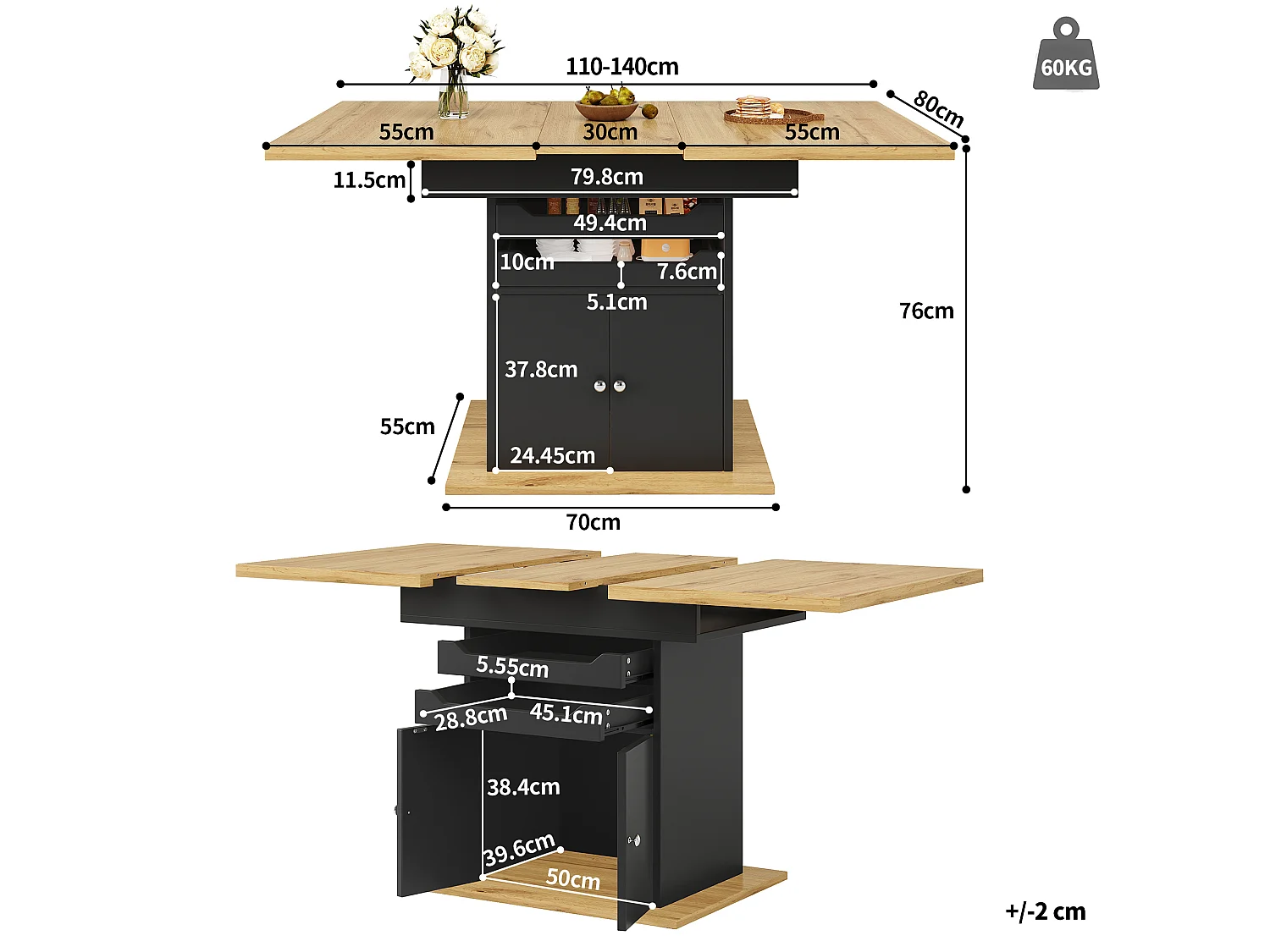 Utdragbart matbord för 6 personer - 110/140 x 80 cm x 76 cm - med 2 lådor + 2 dörrar - MDF - svart