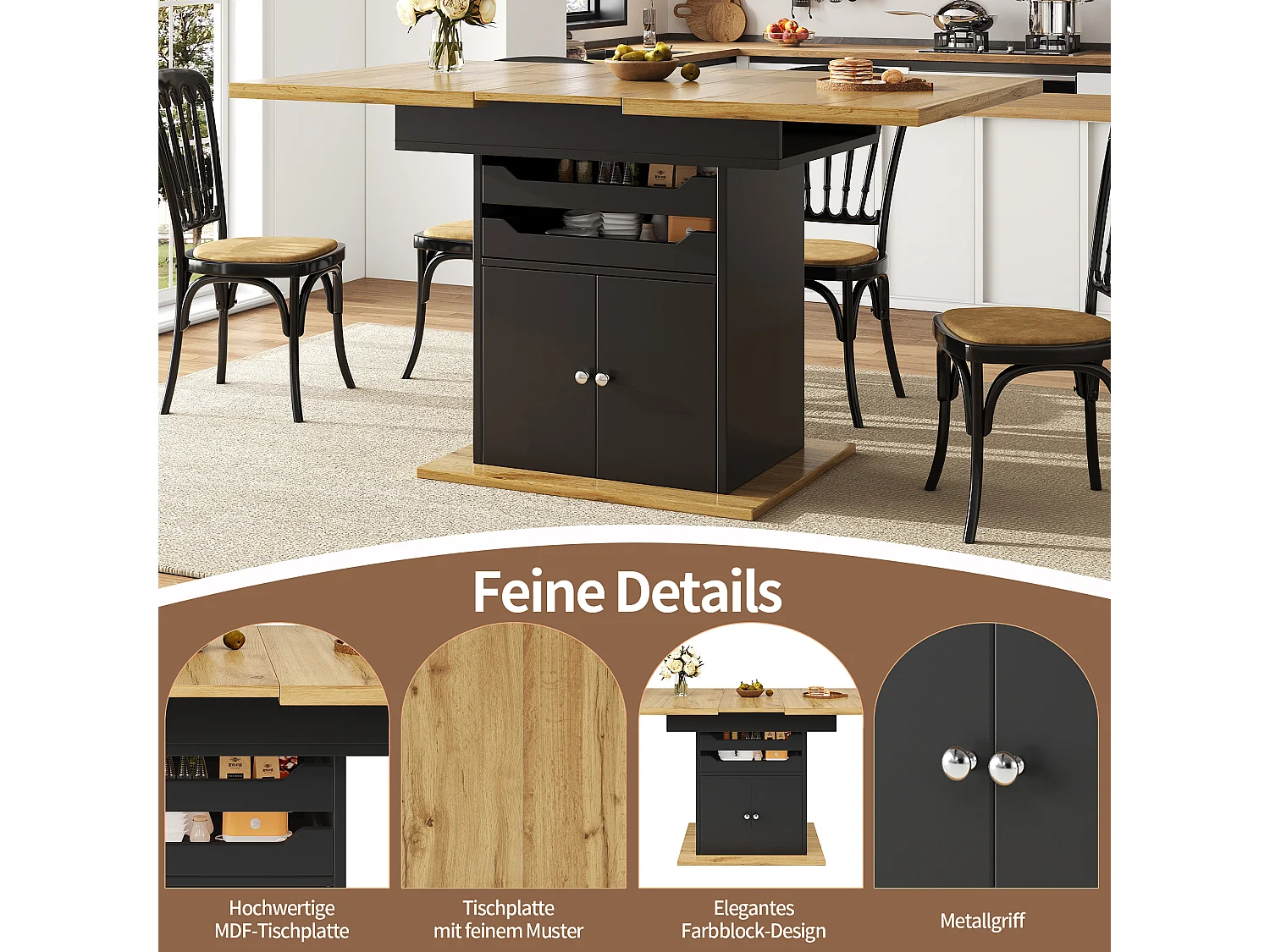Utdragbart matbord för 6 personer - 110/140 x 80 cm x 76 cm - med 2 lådor + 2 dörrar - MDF - svart