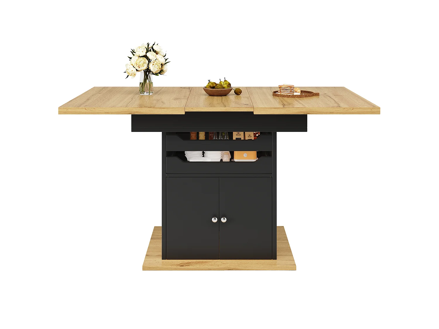 Utdragbart matbord för 6 personer - 110/140 x 80 cm x 76 cm - med 2 lådor + 2 dörrar - MDF - svart