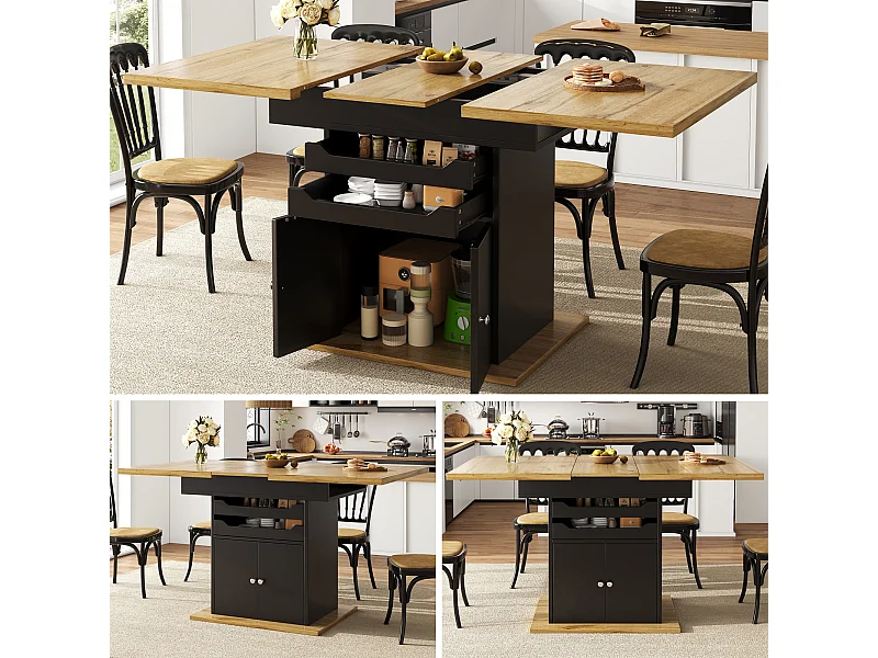 Uitschuifbare eettafel voor 6 personen - 110/140 x 80 cm x 76 cm - met 2 lades + 2 deuren - MDF - zwart