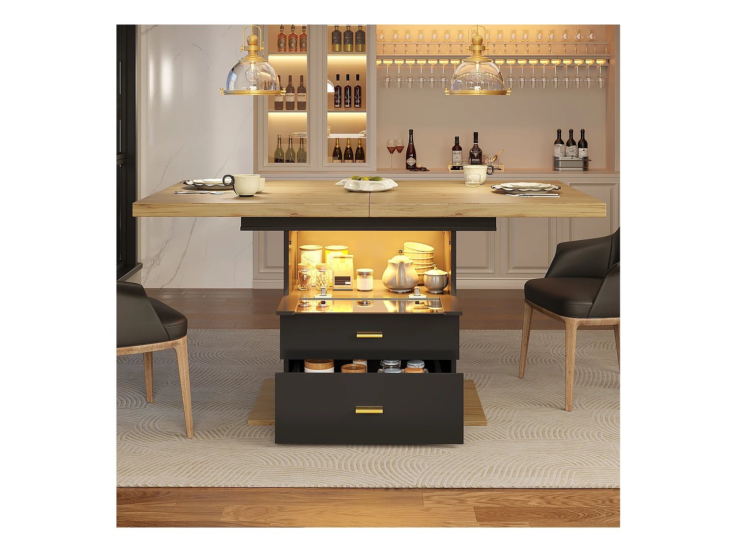 Table à manger extensible 6 places avec Leds - 110/140 x 80 x 75 cm - pour les salles à manger et cuisines - MDF + métal - noir + naturel