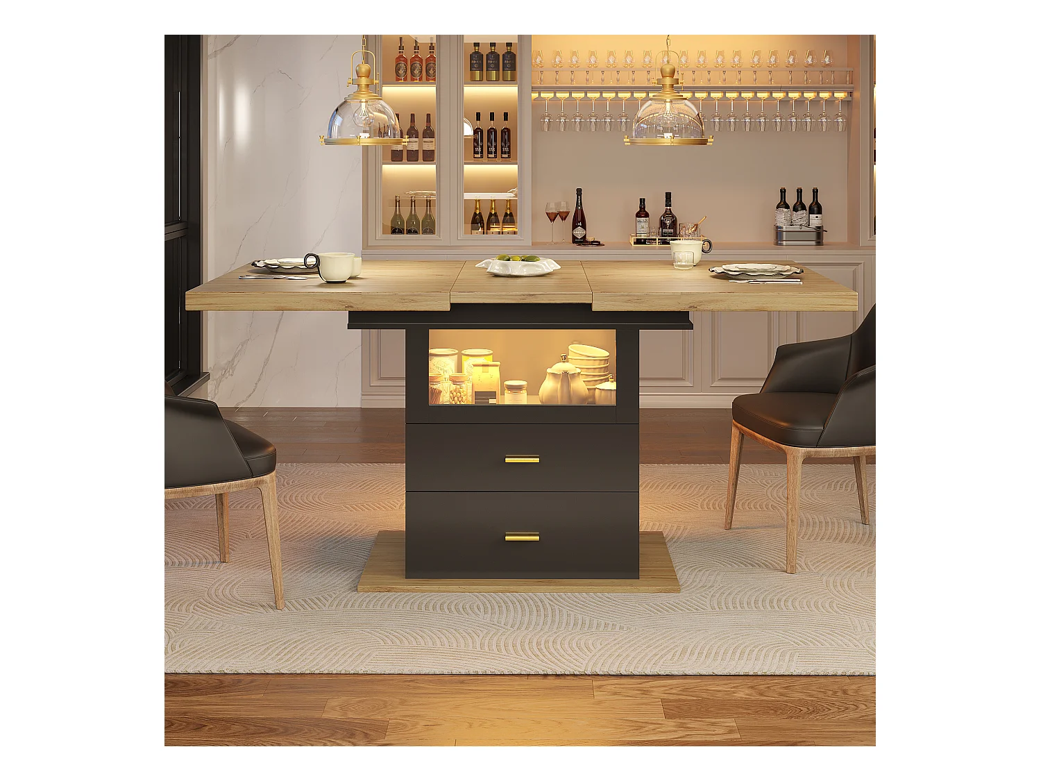 Table à manger extensible 6 places avec Leds - 110/140 x 80 x 75 cm - pour les salles à manger et cuisines - MDF + métal - noir + naturel