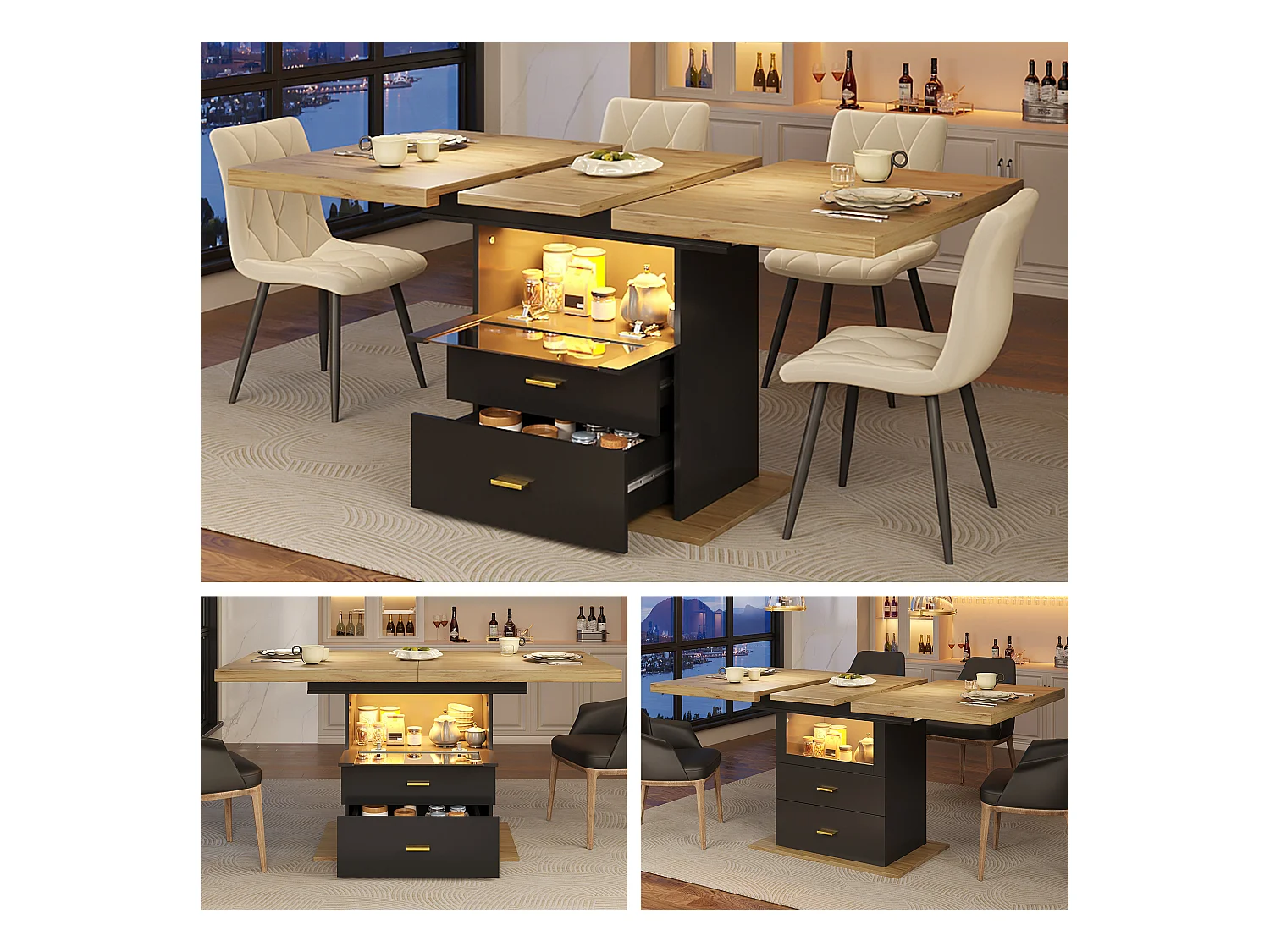 Table à manger extensible 6 places avec Leds - 110/140 x 80 x 75 cm - pour les salles à manger et cuisines - MDF + métal - noir + naturel