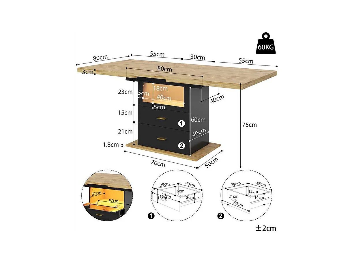 Table à manger extensible 6 places avec Leds - 110/140 x 80 x 75 cm - pour les salles à manger et cuisines - MDF + métal - noir + naturel