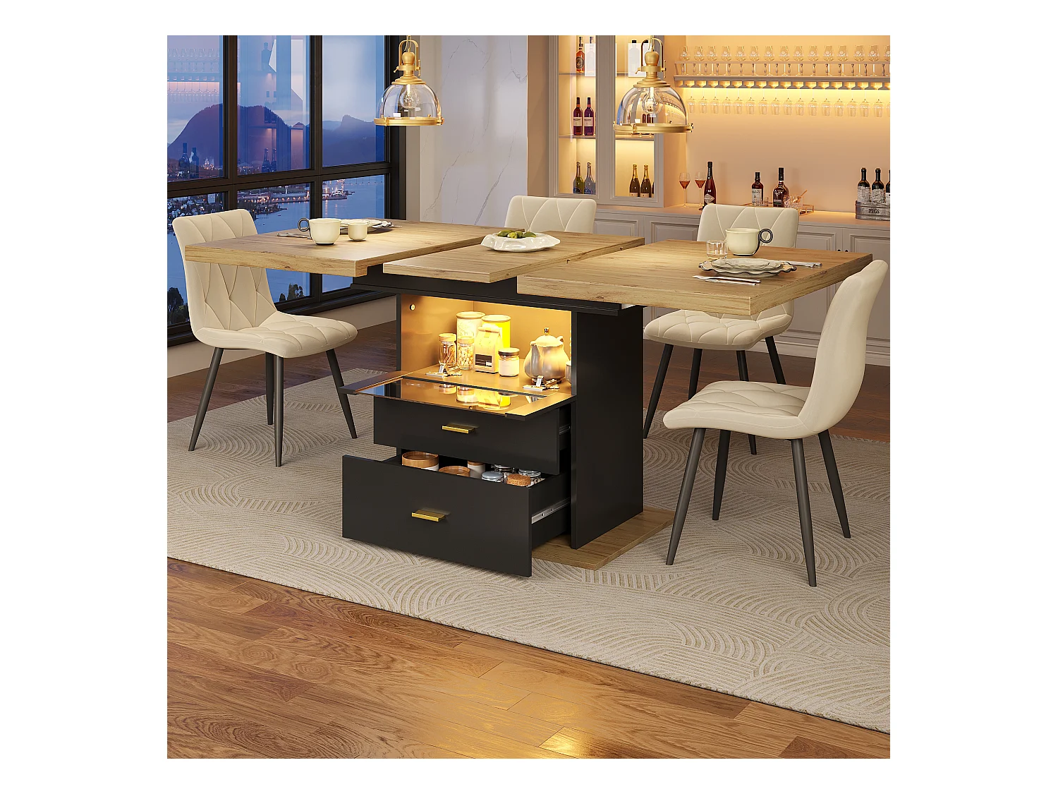 Ausziehbarer 6-Sitzer-Esstisch mit LEDs - 110/140 x 80 x 75 cm - für Esszimmer und Küche - MDF + Metall - Schwarz + Natur