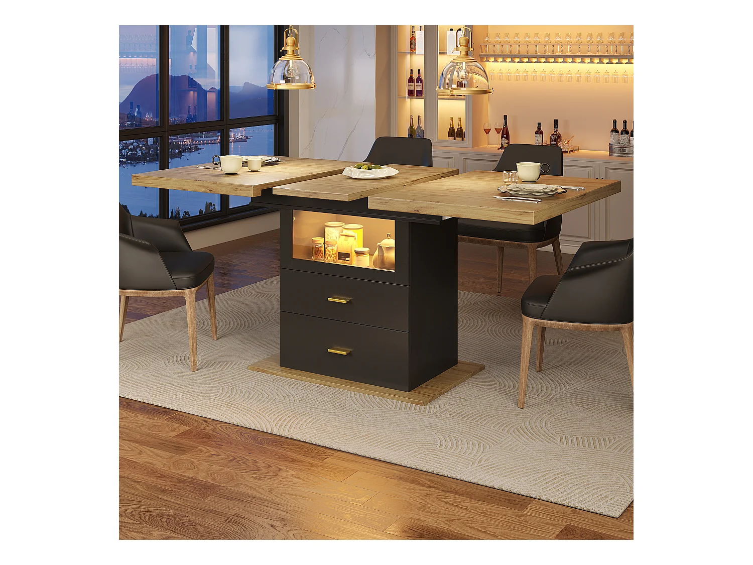 Ausziehbarer 6-Sitzer-Esstisch mit LEDs - 110/140 x 80 x 75 cm - für Esszimmer und Küche - MDF + Metall - Schwarz + Natur