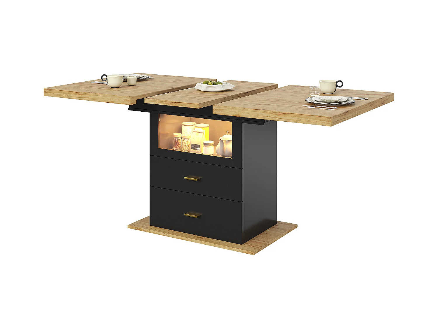 Ausziehbarer 6-Sitzer-Esstisch mit LEDs - 110/140 x 80 x 75 cm - für Esszimmer und Küche - MDF + Metall - Schwarz + Natur