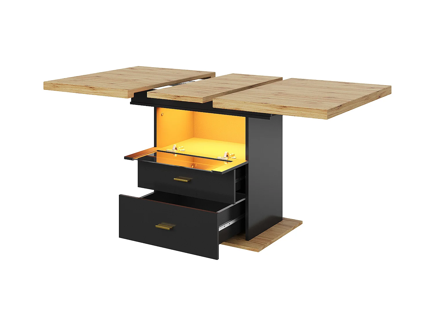 Ausziehbarer 6-Sitzer-Esstisch mit LEDs - 110/140 x 80 x 75 cm - für Esszimmer und Küche - MDF + Metall - Schwarz + Natur