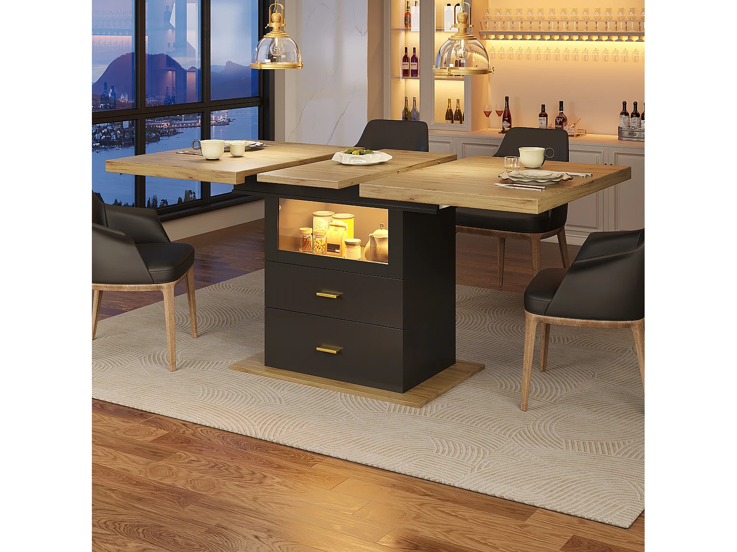 Table à manger extensible 6 places avec Leds - 110/140 x 80 x 75 cm - pour les salles à manger et cuisines - MDF + métal - noir + naturel