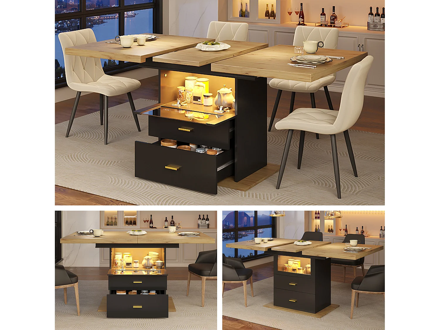 Table à manger extensible 6 places avec Leds - 110/140 x 80 x 75 cm - pour les salles à manger et cuisines - MDF + métal - noir + naturel