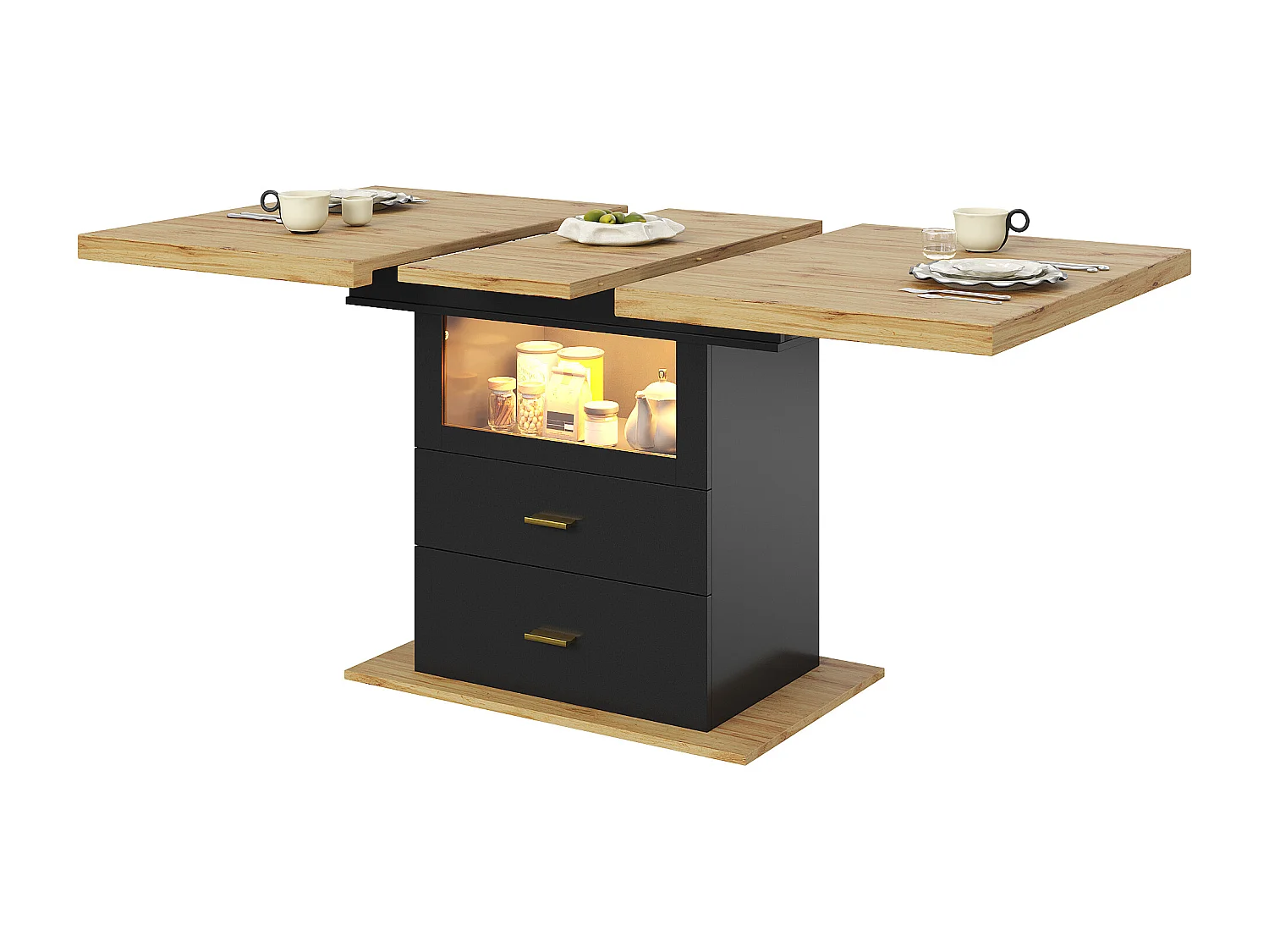 Table à manger extensible 6 places avec Leds - 110/140 x 80 x 75 cm - pour les salles à manger et cuisines - MDF + métal - noir + naturel