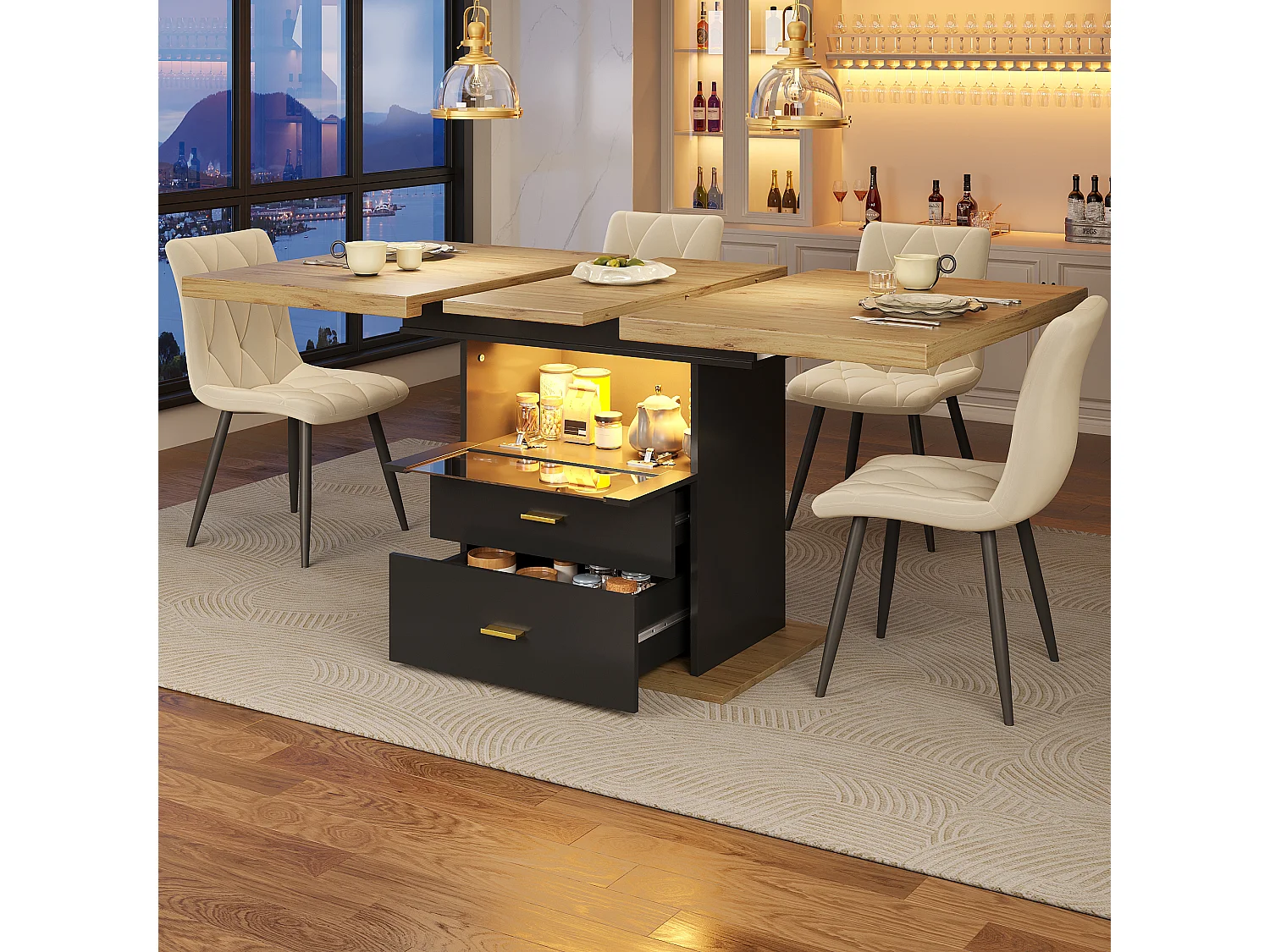 Table à manger extensible 6 places avec Leds - 110/140 x 80 x 75 cm - pour les salles à manger et cuisines - MDF + métal - noir + naturel