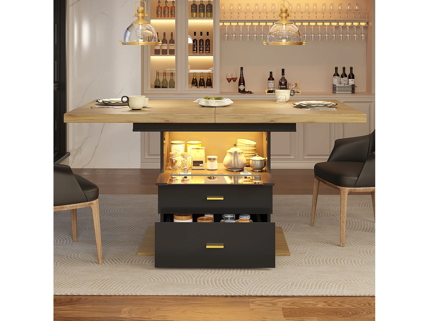 Table à manger extensible 6 places avec Leds - 110/140 x 80 x 75 cm - pour les salles à manger et cuisines - MDF + métal - noir + naturel
