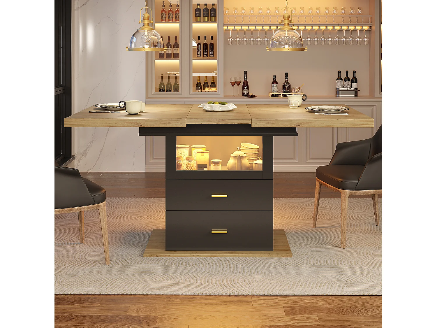 Table à manger extensible 6 places avec Leds - 110/140 x 80 x 75 cm - pour les salles à manger et cuisines - MDF + métal - noir + naturel